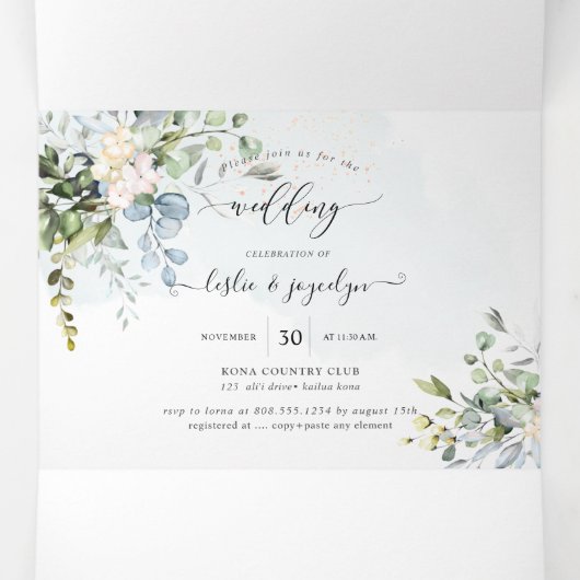 PixDezines エレガント ダスティーブルー ユーカリ 三つ折り招待状 (内部中)