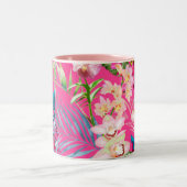 PixDezines オーキッド アイル、ピンク オーキッド+ブルー 葉 ツートーンマグカップ (中央)