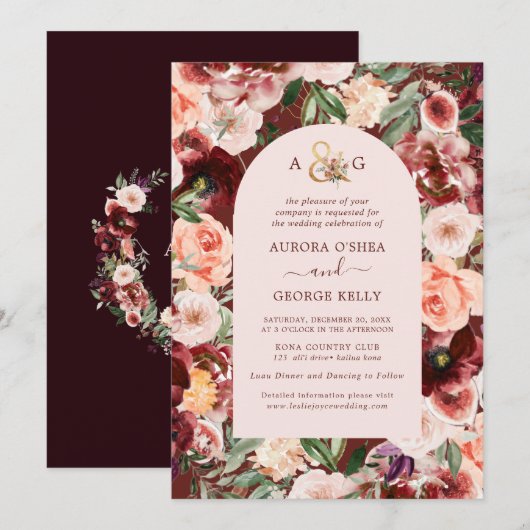 PixDezines オータムラブ H2 マルサラレッドの花 招待状 (正面/裏面)