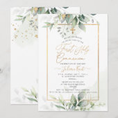 PixDezines グリーンゴールド ユーカリ 1回目の聖体拝領 招待状 (正面/裏面)