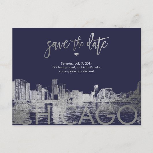 PixDezines / シカゴ Save the Date / 偽のシルバー 案内ポストカード (正面)
