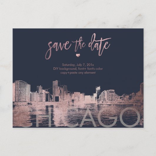 PixDezines / シカゴ Save the Date / 偽のローズゴールド 案内ポストカード (正面)