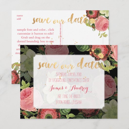 PixDezines セーブ・ザ・デート/ヴィンテージ・ローズ 案内ポストカード (正面/裏面)