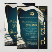 PixDezines タリット バー ミツバ祭/ダーク ティール ブルー/ゴールド 招待状 (正面/裏面)