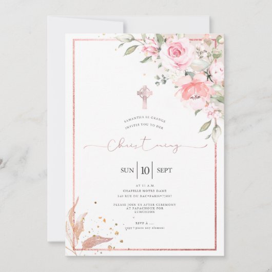 PixDezines ダスティピンクのバラの命名式 招待状 (正面)