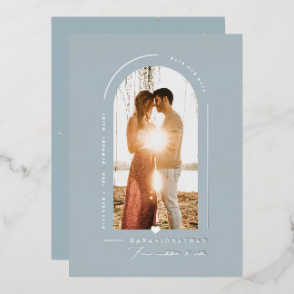 PixDezines ダスティブルーのDIYアーチ型フォトフレーム 結婚式の保存日 箔招待状