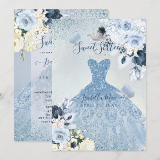 PixDezines ダスティーブルーのバラ スウィート16 招待状