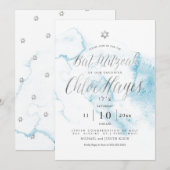 PixDezines ティールブルーの水彩画風バツミツヴァー 招待状 (正面/裏面)