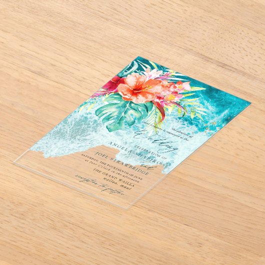 PixDezines トロピカルパラダイスビーチウェディング アクリル招待状 (レイダウン)