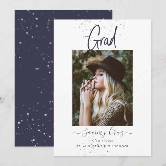 PixDezines ネイビーブルー グラデーション フラット 発表カード 案内状 (正面/裏面)