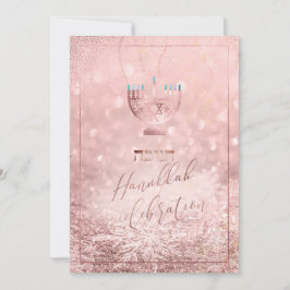 PixDezines ハヌカのお祝い、ローズゴールドの雪 招待状