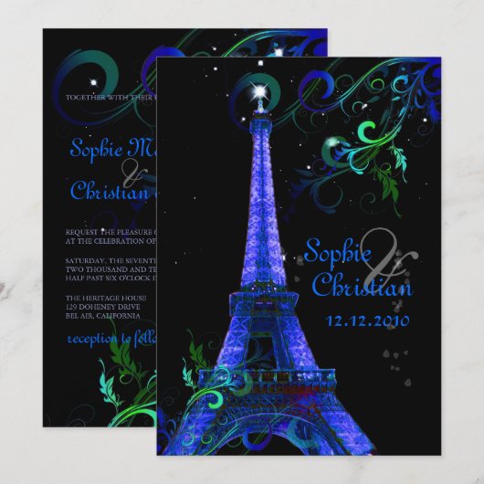 PixDezines パリの夜、エiffel塔 招待状 (正面/裏面)