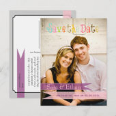 PixDezines ピンクとパープルの結婚式予告 案内ポストカード (正面/裏面)