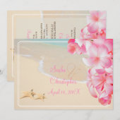 PixDezines ピンクのプルメリア+ビーチ+ヒトデ 招待状 (正面/裏面)