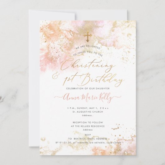 PixDezines ピンク H2 洗礼+1歳誕生日招待状 招待状 (正面)