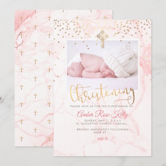 PixDezines フェイクゴールドコンフェッティ+大理石 洗礼 招待状 (正面/裏面)