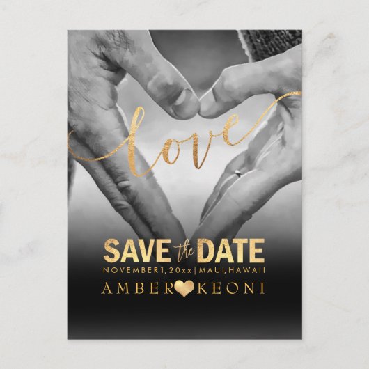PixDezines フェイクゴールド Save the Date/ハート 案内ポストカード (正面)