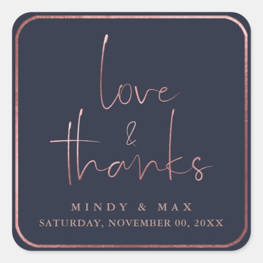 PixDezines フェイク ローズゴールド ラブ+サンキュー|DIY カラー スクエアシール (正面)