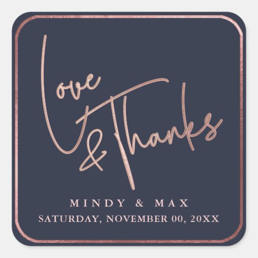 PixDezines フェイク ローズ ゴールド ラブ+サンキュー | DIY カラー スクエアシール (正面)