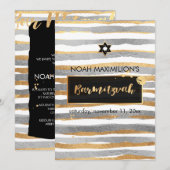 PixDezines フェイク silver/金ゴールド/バーストライプ（ユダヤ教の）バル・ミツバー 招待状 (正面/裏面)