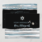 PixDezines フェイク silver/blue/ストライプバー（ユダヤ教の）バル・ミツバー 招待状 (正面/裏面)