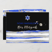 PixDezines フェイク silver/blue/ストライプバー(ユダヤ教の)バル・ミツバー 招待状 (正面/裏面)