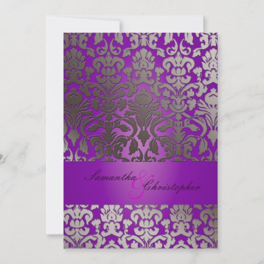 PixDezines フェイク Silver Flora Damask / Purple 招待状 (正面)