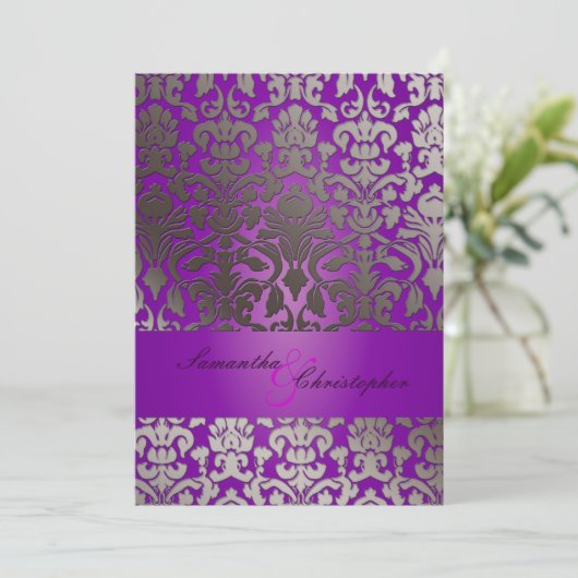 PixDezines フェイク Silver Flora Damask / Purple 招待状 (スタンド正面)