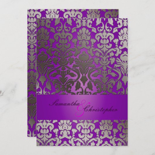 PixDezines フェイク Silver Flora Damask / Purple 招待状 (正面/裏面)