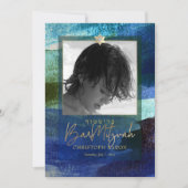 PixDezines ブラシをかけた水彩の青いバル・ミツヴァー 招待状 (正面)