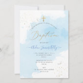 PixDezines ブルー ウォーターカラー ゴールド ダスト 洗礼 招待状 (正面)