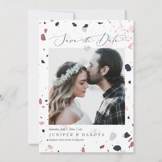 PixDezines ブルー ブラッシュ テラッツォ, フォト セーブ デート 招待状 (正面)