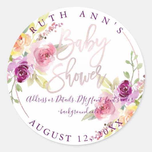PixDezines ベビーシャワー, フラワールウォーターカラー, プラム ラウンドシール (正面)