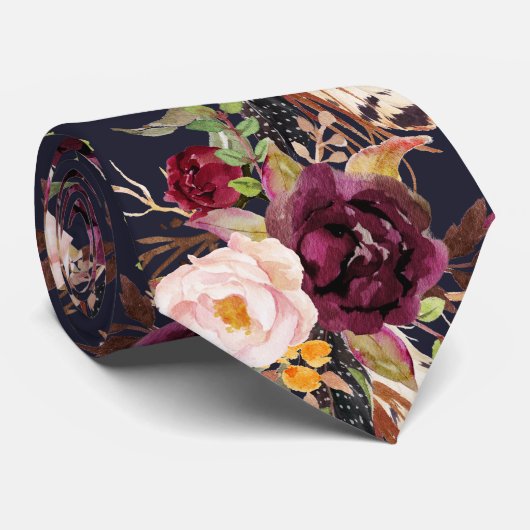 PixDezines ボーホー ブラッシュ バーガンディ ウォーターカラー フラワーズ ネクタイ (ロール)