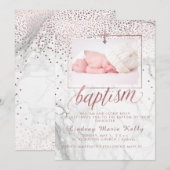 PixDezines マーブル+フェイク ローズゴールド コンフェッティ 洗礼 招待状 (正面/裏面)