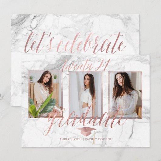 PixDezines マーブル フェイク ローズゴールド 卒業式招待状 招待状 (正面/裏面)