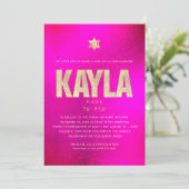 PixDezines ミニマル ゴールド ホット フラッシー ピンク ミツヴァー 招待状 (スタンド正面)