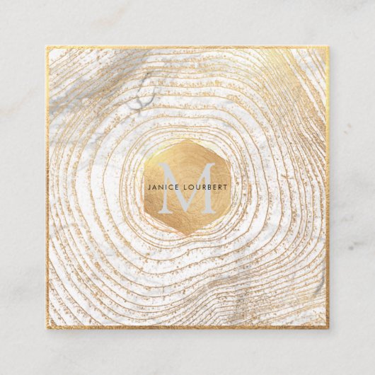 PixDezines モノグラム/フェイクゴールド ツリー リングス スクエア名刺 (正面)