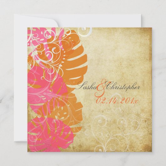 PixDezines モンステラ/ピンク/オレンジ/スワール 招待状 (正面)