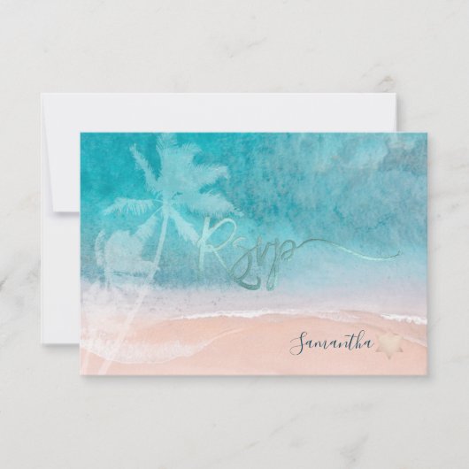 PixDezines(ユダヤ教の)バル・ミツバーRSVPビーチパームツリー 出欠カード (正面)