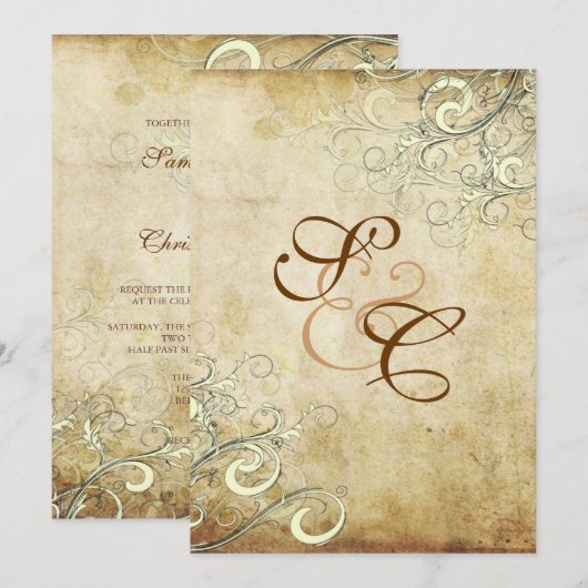 PixDezines ヴィンテージクリームスワール結婚式招待状 招待状 (正面/裏面)