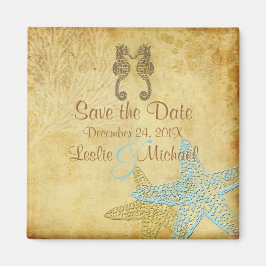 PixDezines ヴィンテージ風 イルカ+ヒトデ/結婚式までのカウントダウン マグネット (正面)