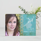 PixDezines ヴィンテージ ダマスク/ターコイズ/卒業 招待状 (スタンド正面)