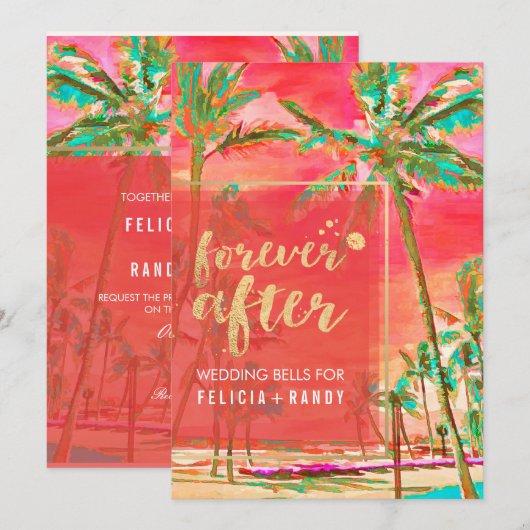 PixDezines ヴィンテージ ハワイアンビーチ / コーラル / ティール 招待状 (正面/裏面)
