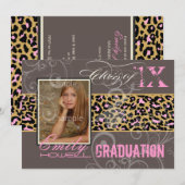 PixDezines 卒業式/チーター柄 ネオン ピンク 招待状 (正面/裏面)