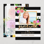 PixDezines 卒業/花の水彩/ストライプ 案内ポストカード (正面/裏面)