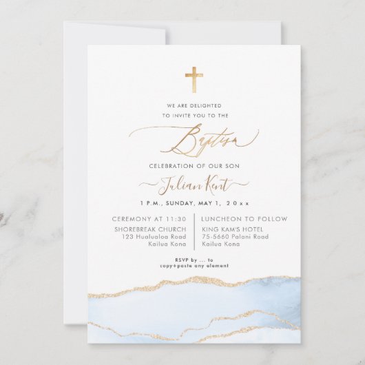 PixDezines 水彩アゲート ベビーブルー ゴールド 洗礼 招待状 (正面)