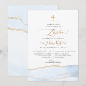 PixDezines 水彩アゲート ベビーブルー ゴールド 洗礼 招待状 (正面/裏面)