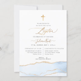 PixDezines 水彩アゲート ベビーブルー ゴールド 洗礼 招待状