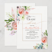PixDezines 水彩ソフトピンクの芍薬 ベビーシャワー 招待状 (正面/裏面)